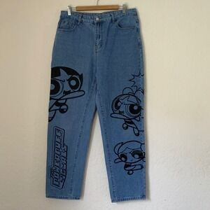 Romwe Powerpuff Girls Jeans Women XL 34x29.5 Blue Straight High Rise 90s Cartoon
